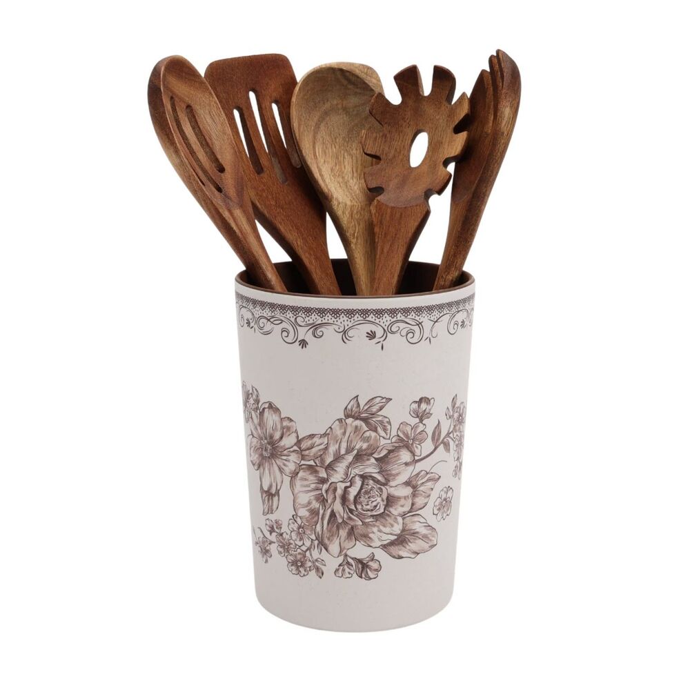 Pioneer Woman Agatha Brown 6 Piece Acacia Wood & Melamine Crock Set